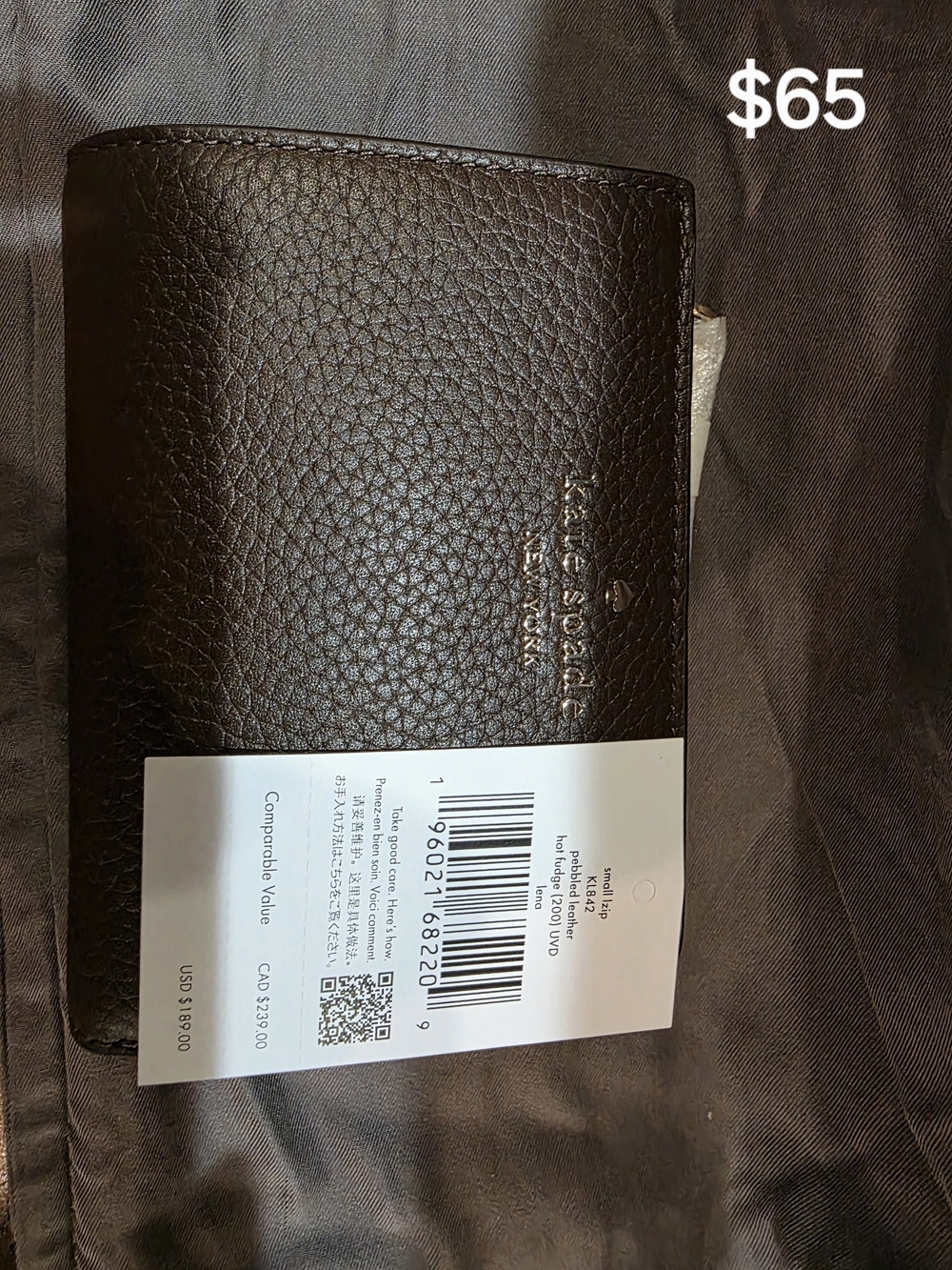 kate spade Brown Pebbled Leather Bifold Wallet with Gold Logo